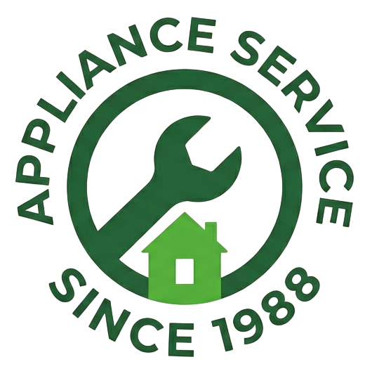Green appliance service logo with a wrench, house, and text "Appliance Service Since 1988."