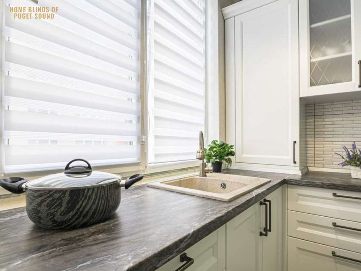 Image of white window shades in a modern kitchen in Olympia