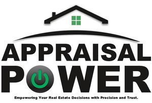 Logo for Appraisal Power with a house roof icon, a power button 'O', and the slogan "Empowering your real estate decisions."