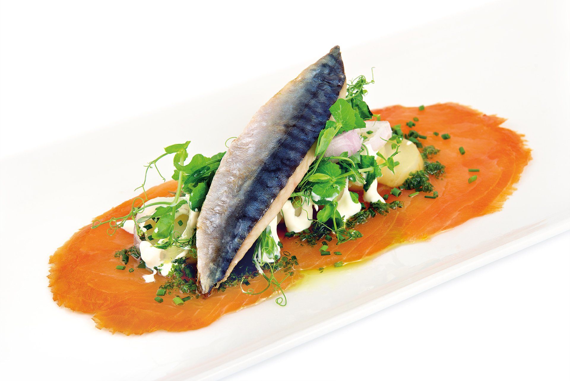 Smoked fish appetizer on white plate, topped with greens and a fillet.