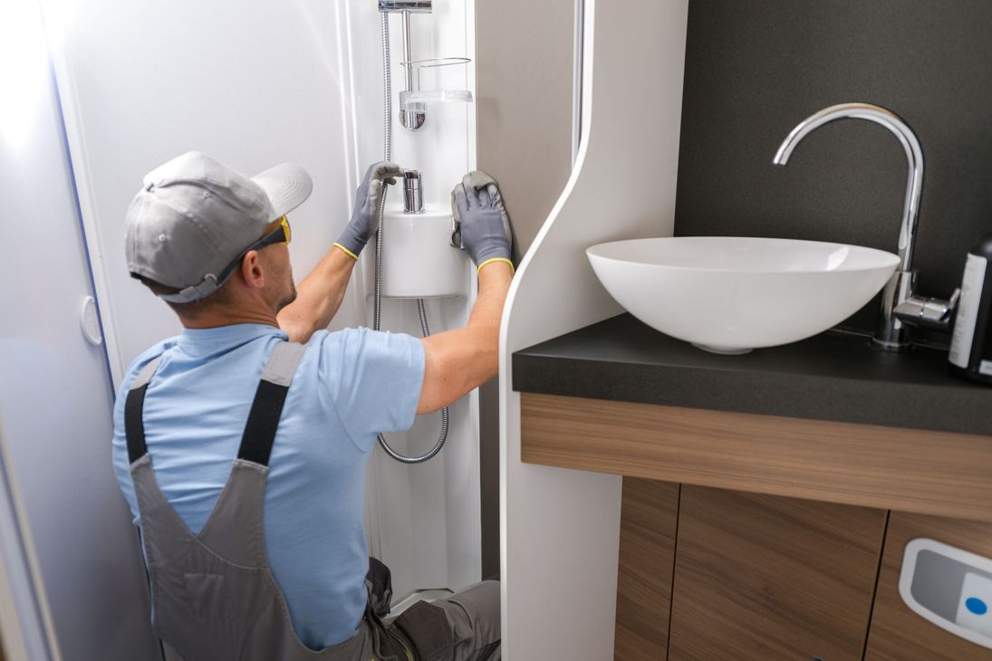 Man in gray overalls repairs shower fixture in a small bathroom, with a white sink and wooden cabinet.