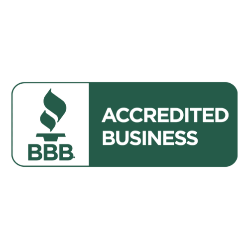BBB Accredited Business logo: green and white rectangle with a flame and