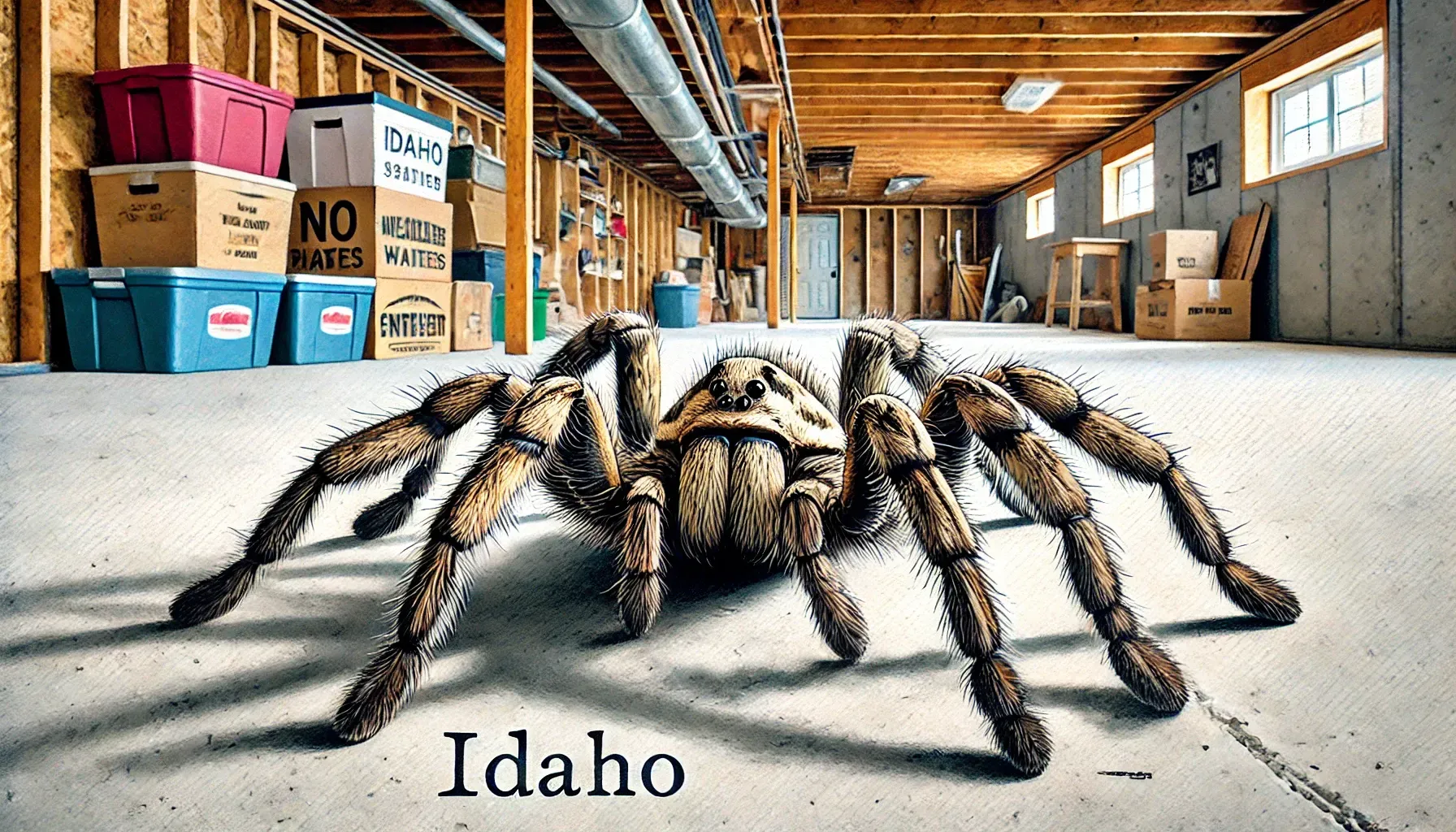 A large Wolf Spider is crawling on the floor of a building in idaho