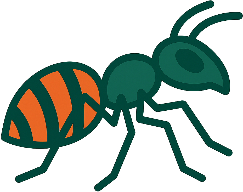 A green and orange ant is crawling on a white background.