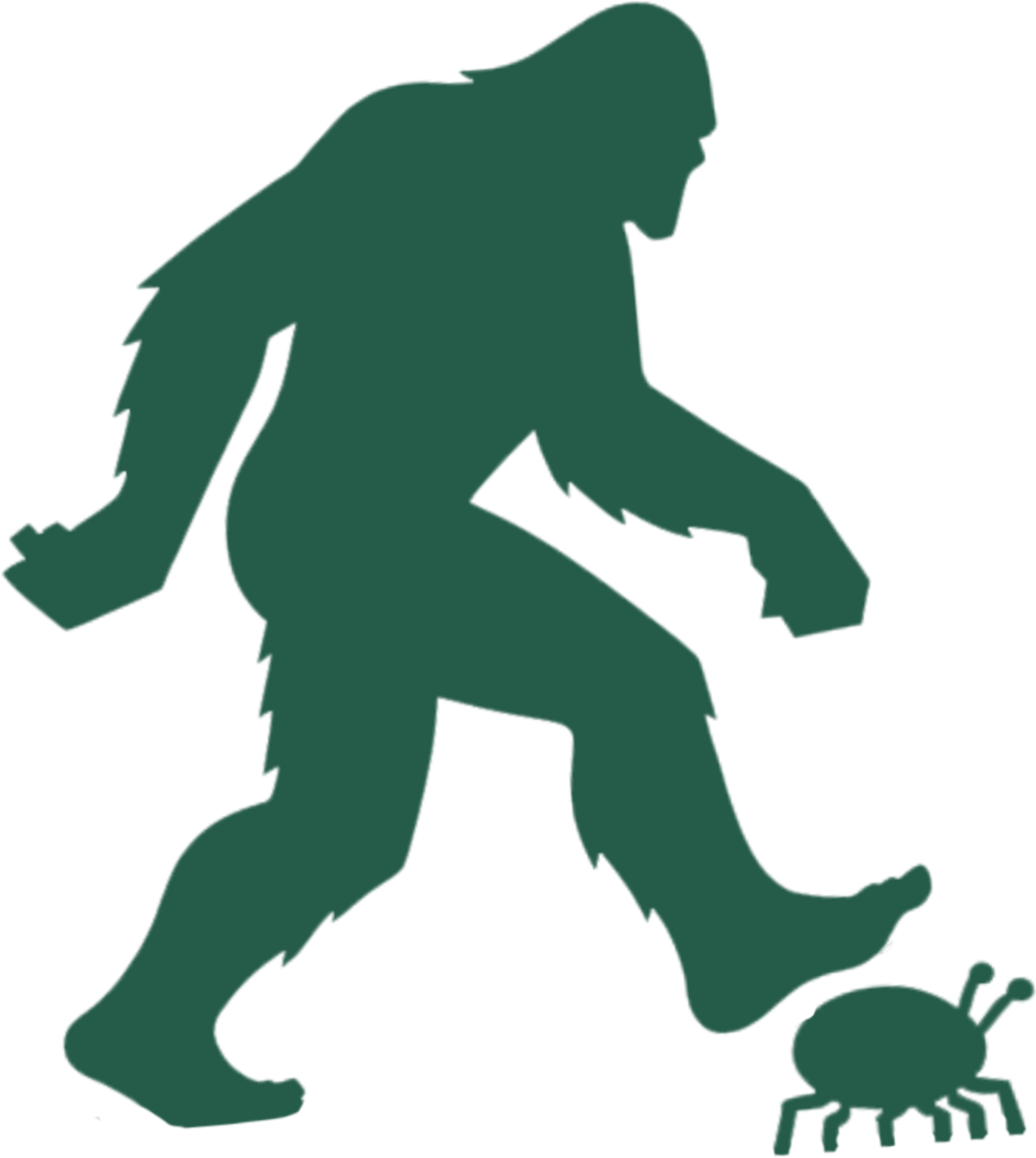 A silhouette of a bigfoot squishing a spider.