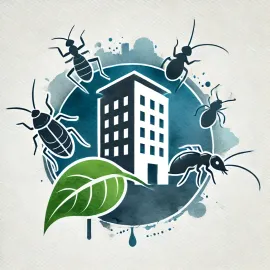 An illustration of termites surrounding a building and a leaf.