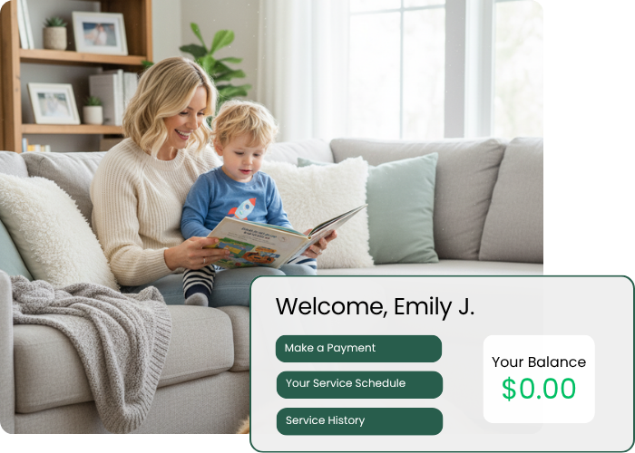 Woman and child reading book on a couch, with a user dashboard showing a balance of $0.00.