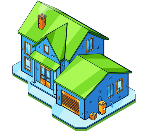 An isometric drawing of a blue house with a green roof