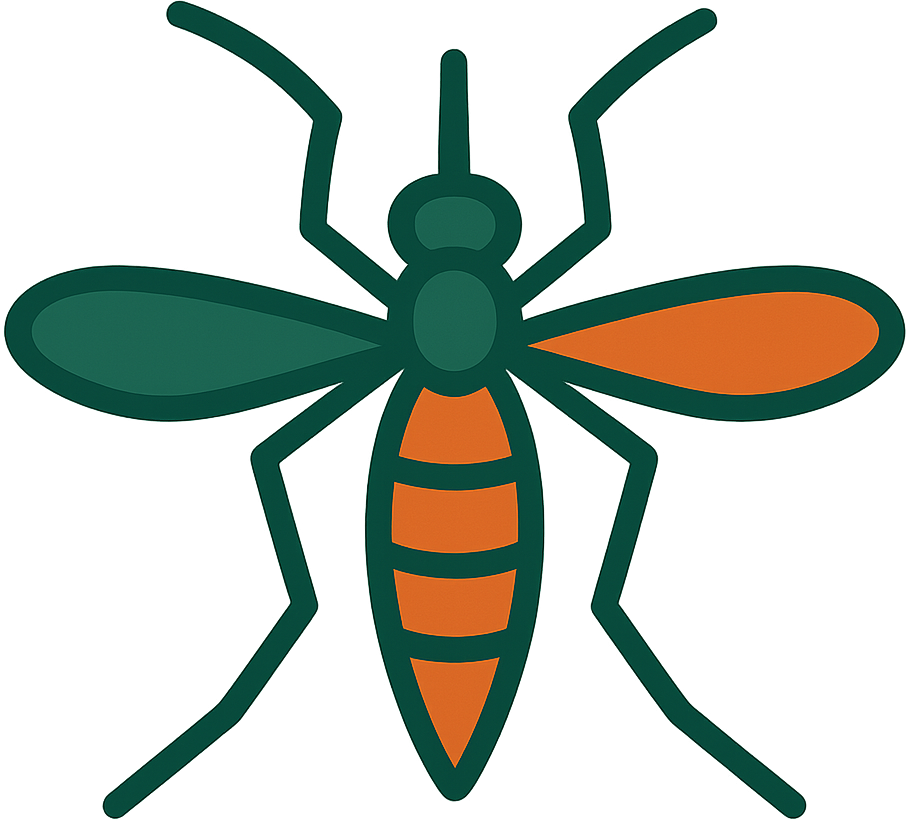 An icon of a mosquito with green and orange wings on a white background.