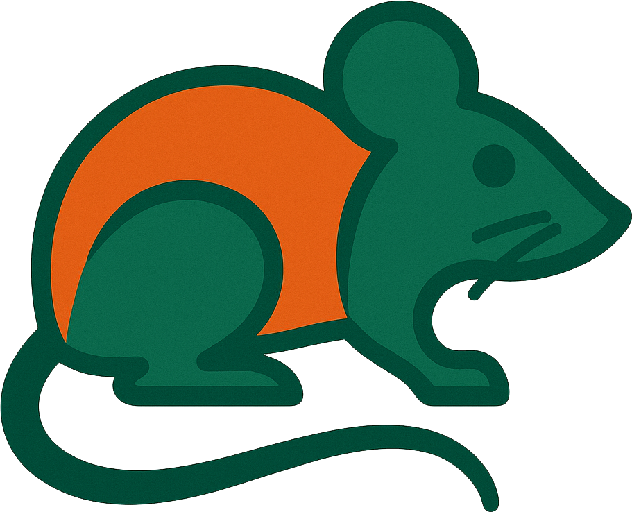 A green and orange mouse with a long tail on a white background.