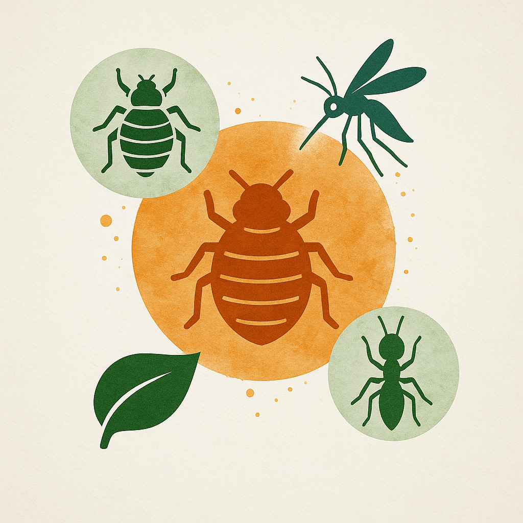 A house with a leaf and ants and bees around it.