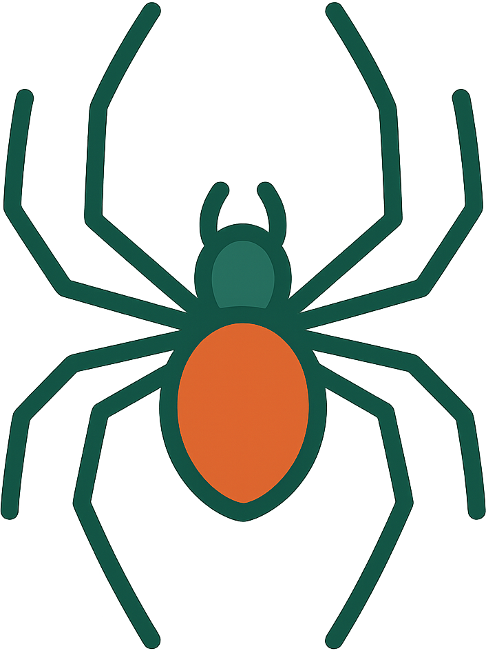 A green and orange spider with a red center on a white background.