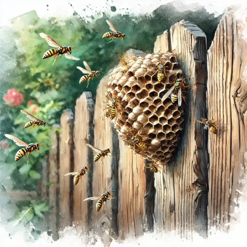 A watercolor painting of a wasp nest on a wooden fence.