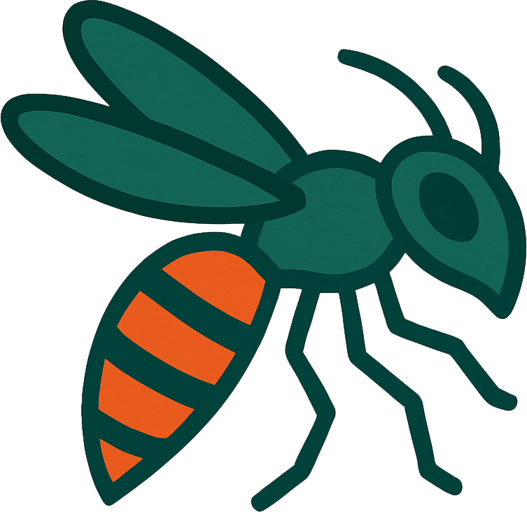 An icon of a wasp with green wings and an orange stripe on its body.