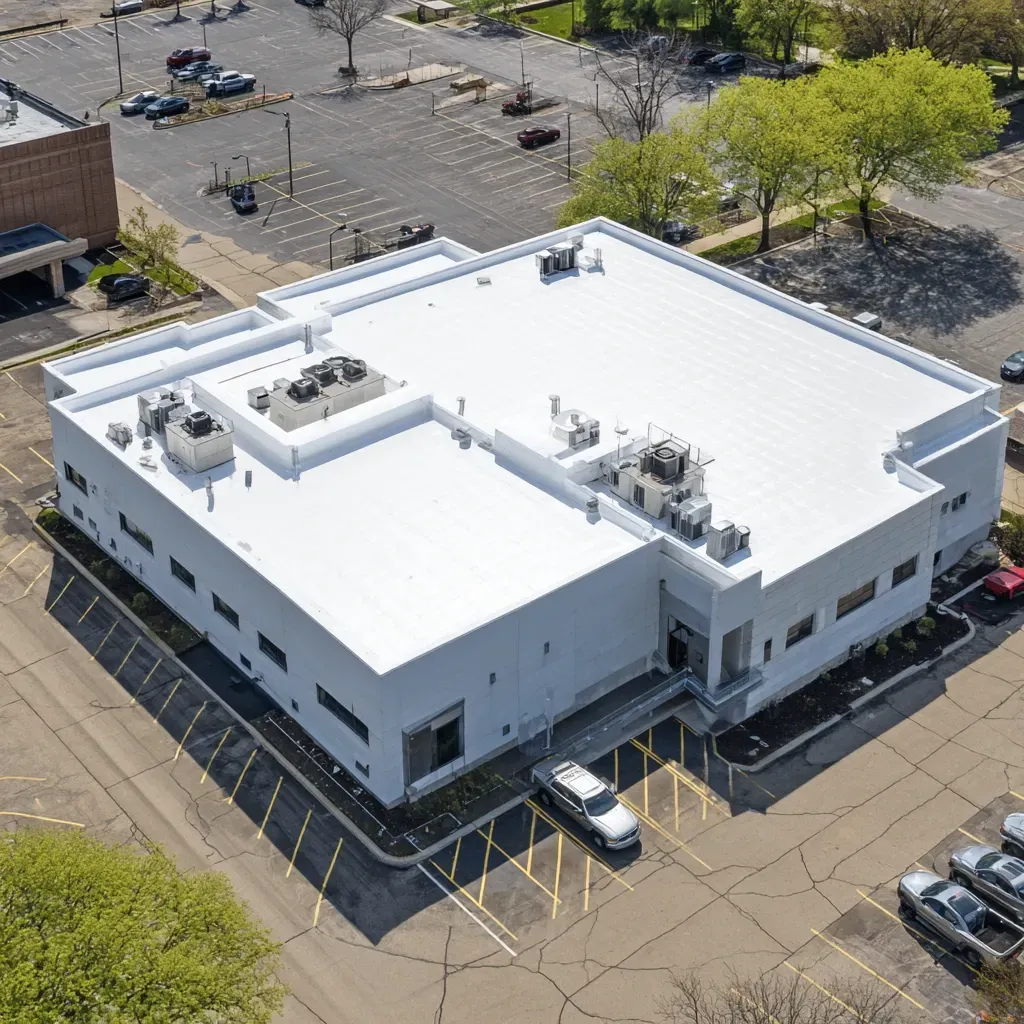Reflective roofing contractors Joliet IL install white EPDM alternatives, white-on-black roof membranes, and solar-ready deck reinforcement.