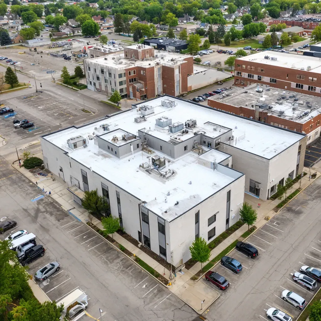 Joliet IL flat commercial roof installations feature ballasted EPDM systems, insulation fastening plates, UV-rated membrane coating, and edge flashing upgrades.