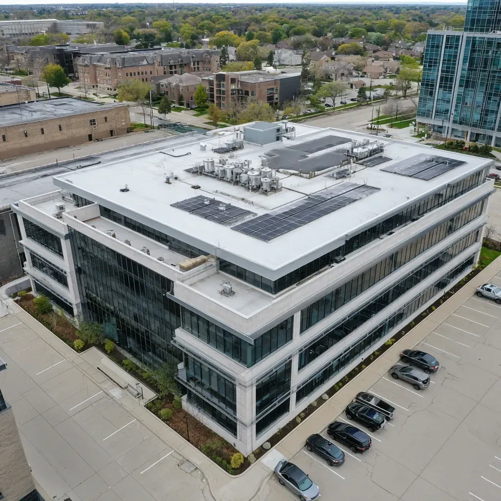 Energy-efficient commercial roofing Joliet IL includes cool roof systems, tapered white insulation, UV-stable roof membranes, and drain scupper sealing.