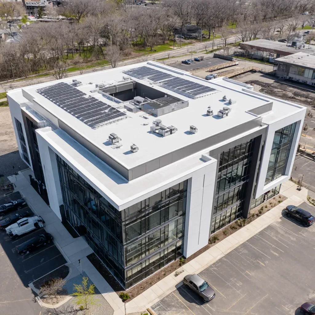Joliet IL flat roof sealing services reinforce membrane laps, curb penetrations, HVAC flashing seams, and surface cracks with waterproof sealant systems.