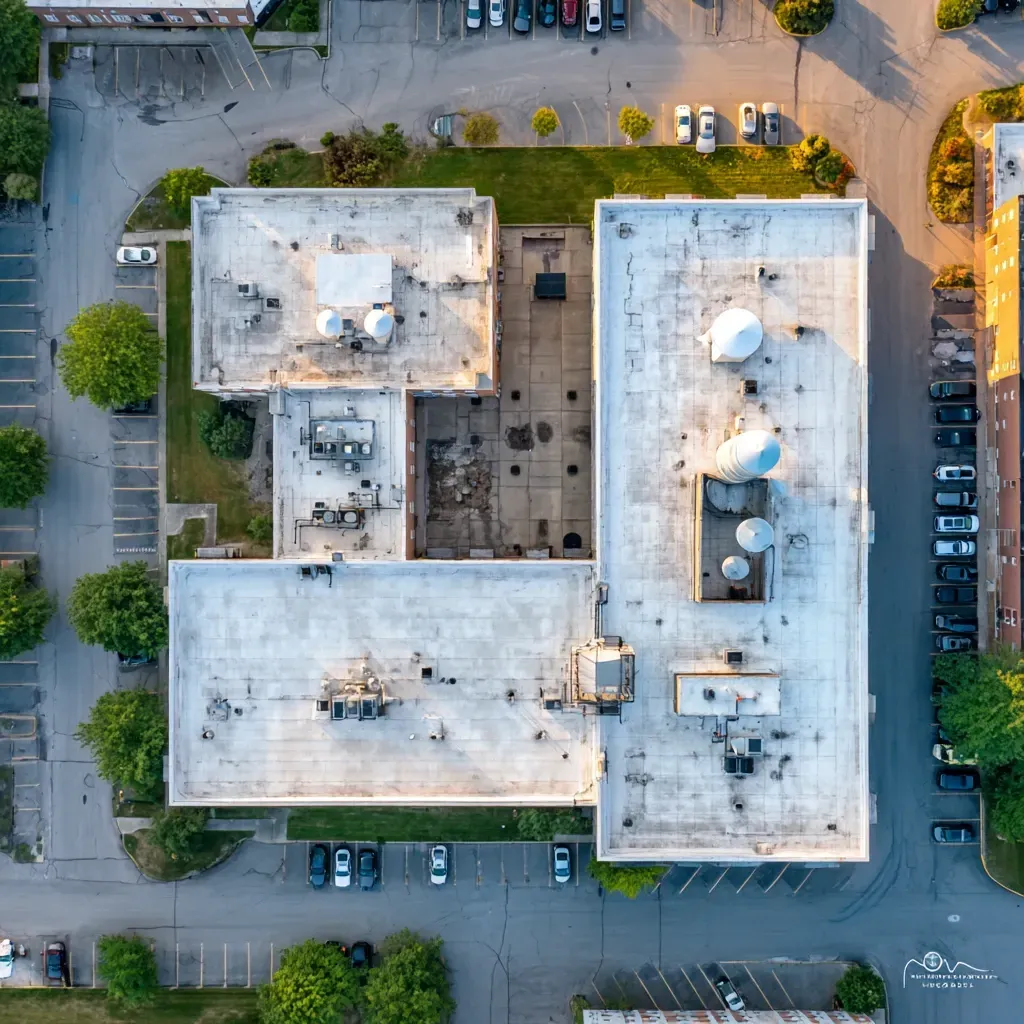 PVC flat roof repairs Joliet IL include patch welding, flashing wrap fixes, edge membrane sealing, and rooftop HVAC pipe penetration repair.