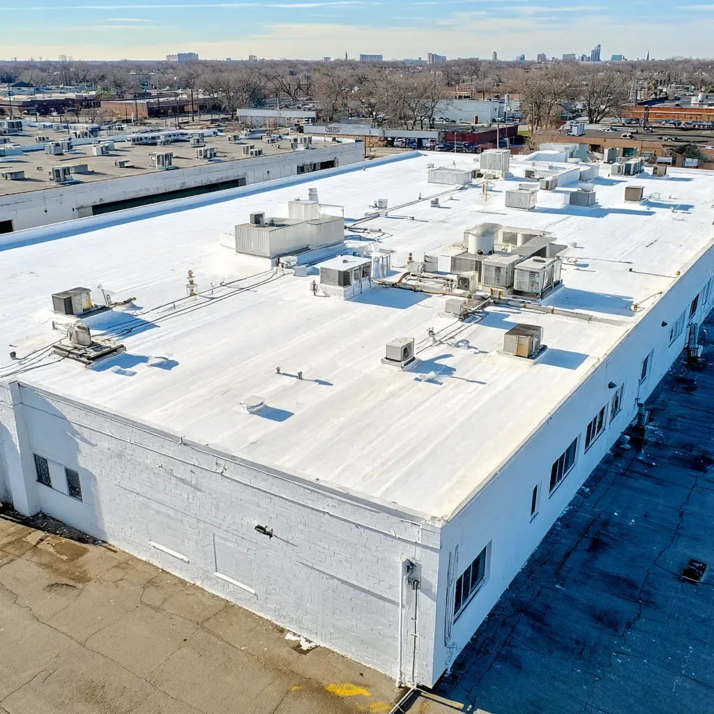 Joliet IL flat roof maintenance services include thermal imaging moisture scans, membrane shrinkage monitoring, HVAC curb water seal inspections, and edge fastener retightening.