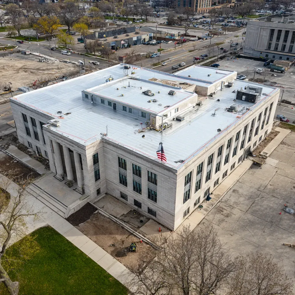 Commercial roofing Joliet IL includes low-slope white TPO installations, drain basin cleaning, membrane seam sealing, and full warranty-covered roof retrofits.
