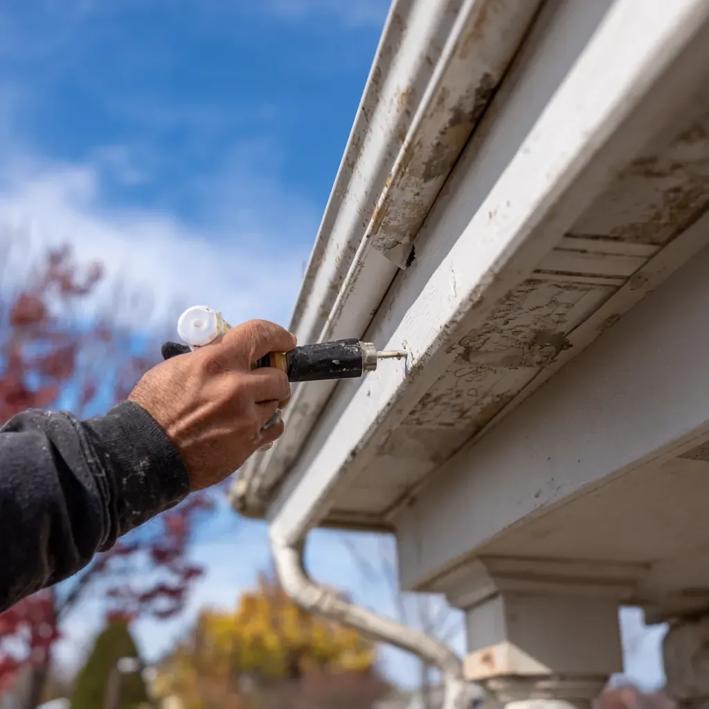 Joliet IL gutter repair and soffit maintenance includes gutter leak patching, soffit sag correction, fascia repainting, and attic airflow restoration.