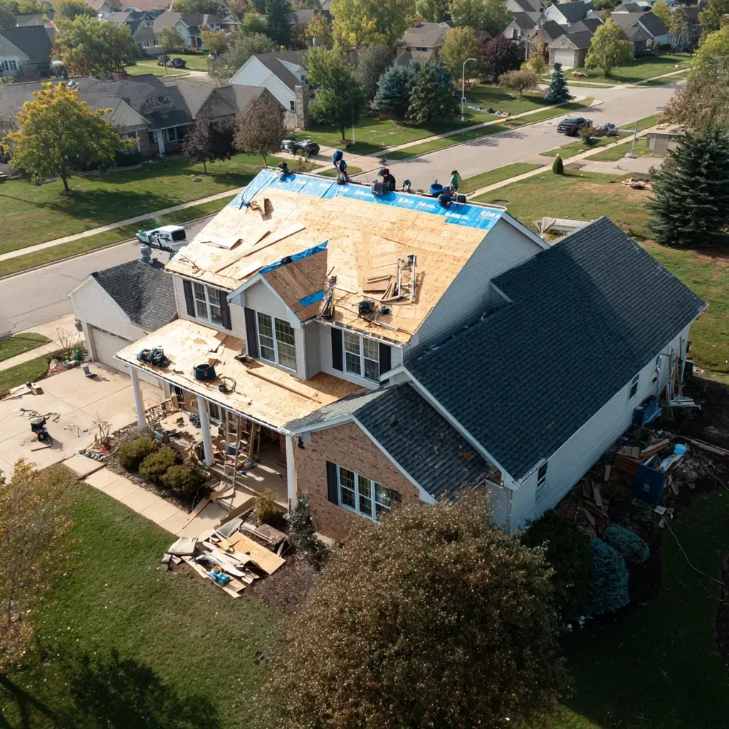 Our Joliet IL roofing team installs affordable asphalt shingle roofing with synthetic felt, ice dam-resistant shingles, chimney flashing, and gable ventilation.