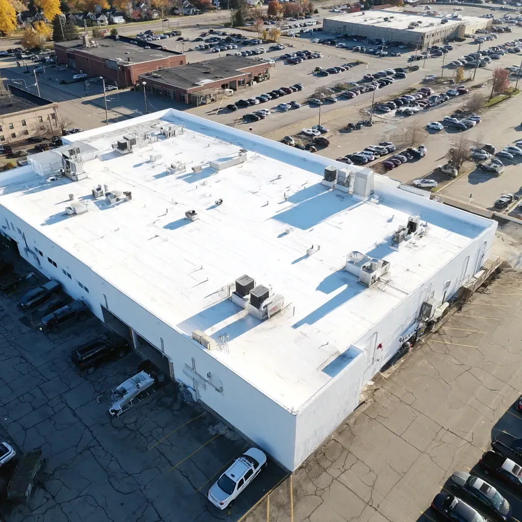 Commercial re-roofing Joliet IL includes tear-off of old flat roofs, new membrane welding, drain scupper installation, and tapered slope upgrades for code compliance.