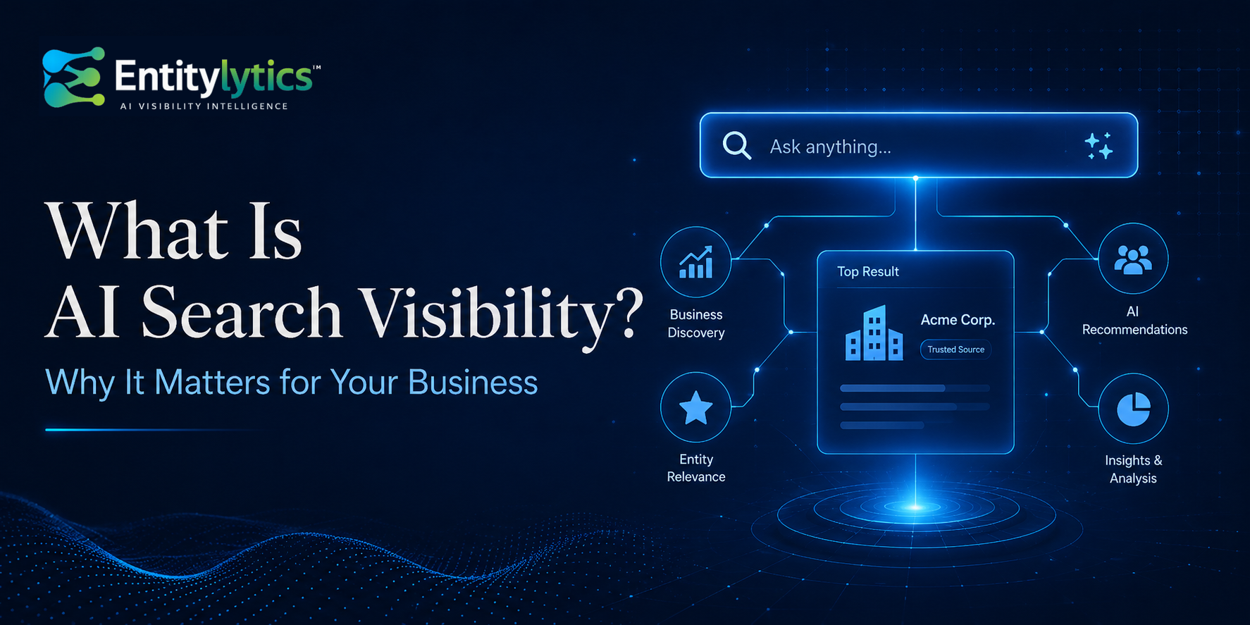 Dark blue AI search visibility promo with laptop, charts, and text “What Is AI Search Visibility?”