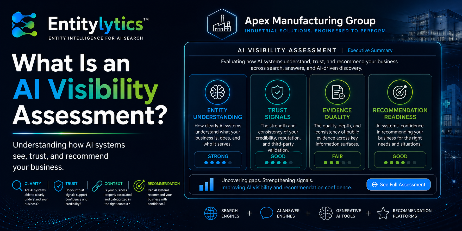 Dark blue marketing banner about an AI visibility assessment with dashboard graphics and neon accents
