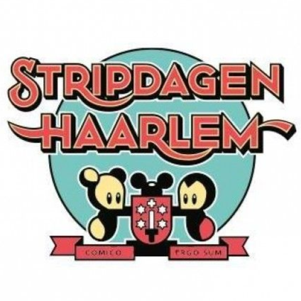 Logo voor Stripdagen Haarlem: een stripfestival met stripfiguren die een wapen vasthouden in een blauwe cirkel.
