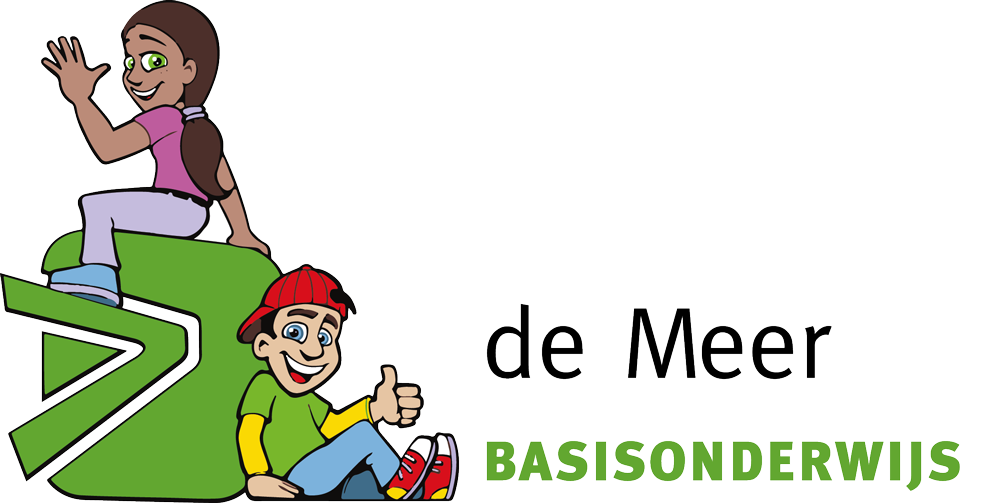 Twee getekende kinderen op een groen logo met de tekst 