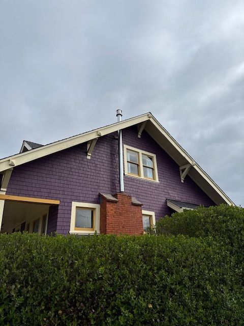 Purple house with a brick chimney and silver pipe against a cloudy sky. A green hedge is in the foreground.