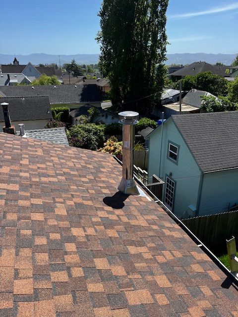 Brown shingle roof with a metal chimney, a black shadow, and other houses visible in the distance.