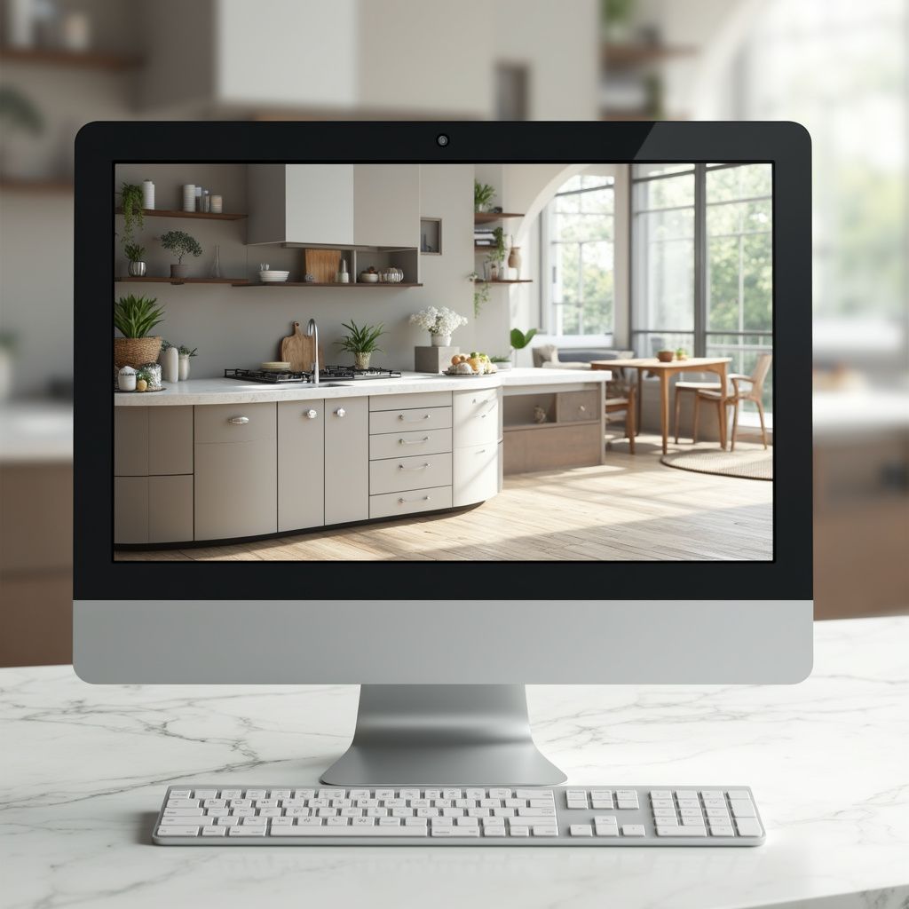 Computer screen displaying a bright kitchen, set on a marble countertop with a wireless keyboard.