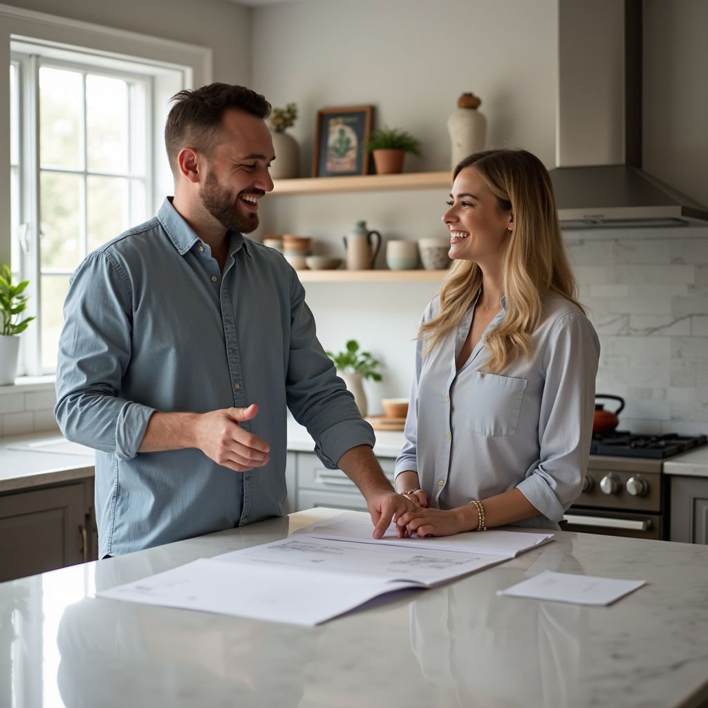 Man and a woman in a kitchen, smiling and talking standing next to a kitchen island. 