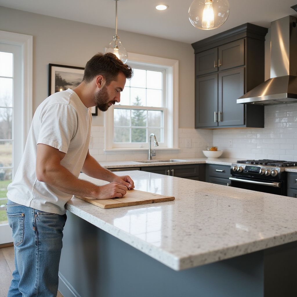 Man in a kitchen, leaning over a countertop, working on a cutting board.