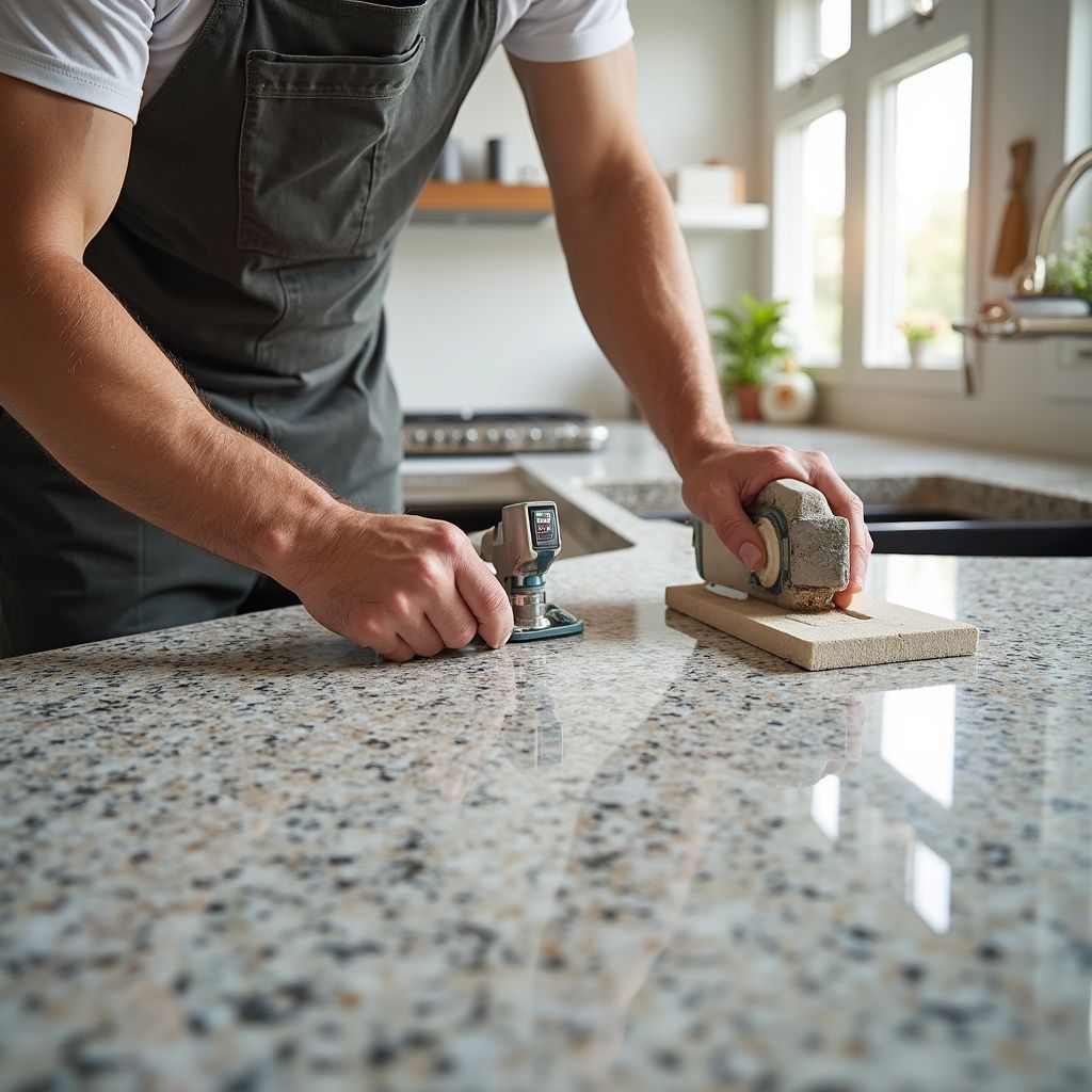 Man in apron using a router on a granite countertop in a kitchen.