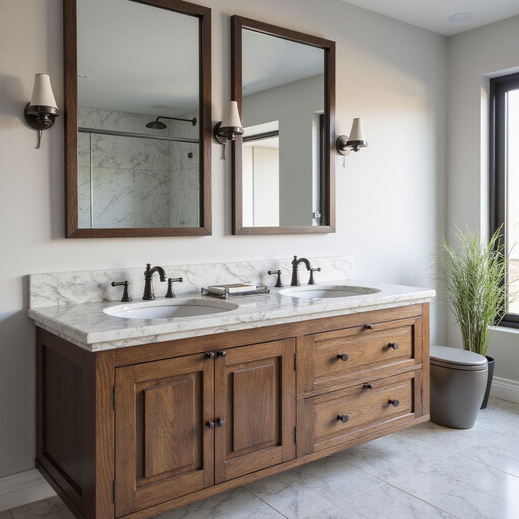 Bathroom with a double vanity, two mirrors, dark fixtures, and a tall plant.