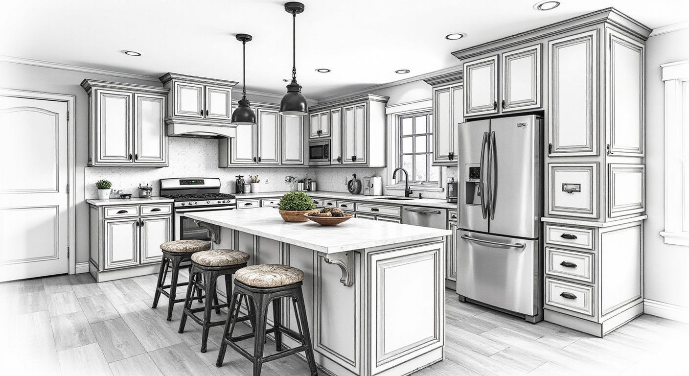Monochrome kitchen sketch with island, stools, and stainless steel appliances.