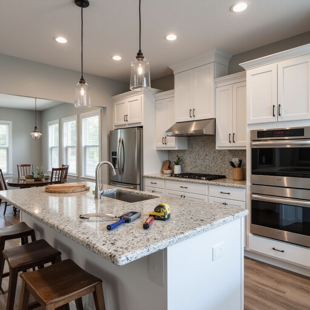 Bright white kitchen with island and bar stools. Stainless steel appliances and granite countertops.