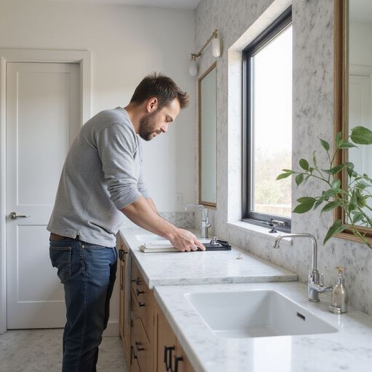 Man installs a marble countertop in a bathroom with a window and mirror.