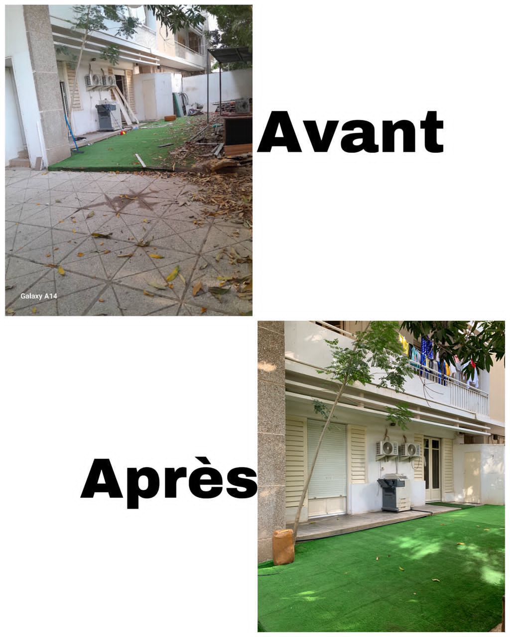 Une photo avant et après d'un bâtiment avec une pelouse devant.