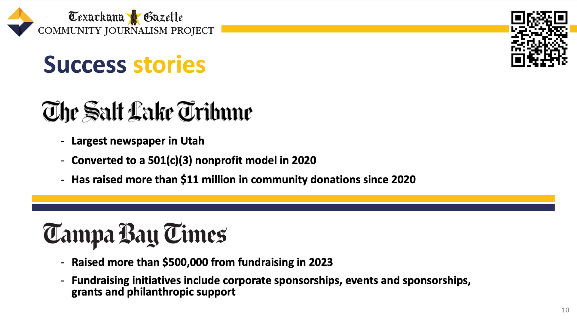 A flyer for success stories from the salt lake tribune and tampa bay times