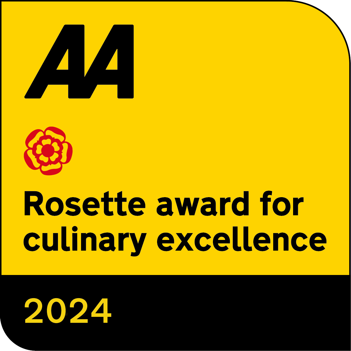 A yellow sign that says aa rosette award for culinary excellence 2024