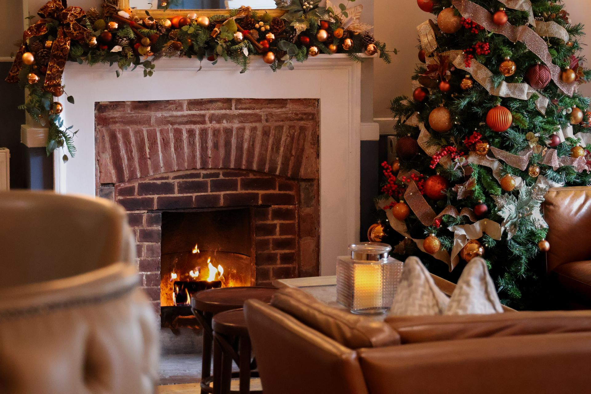 Christmas Fire Place Christmas tree Christmas Set Menu in a rosette restaurant in west sussex