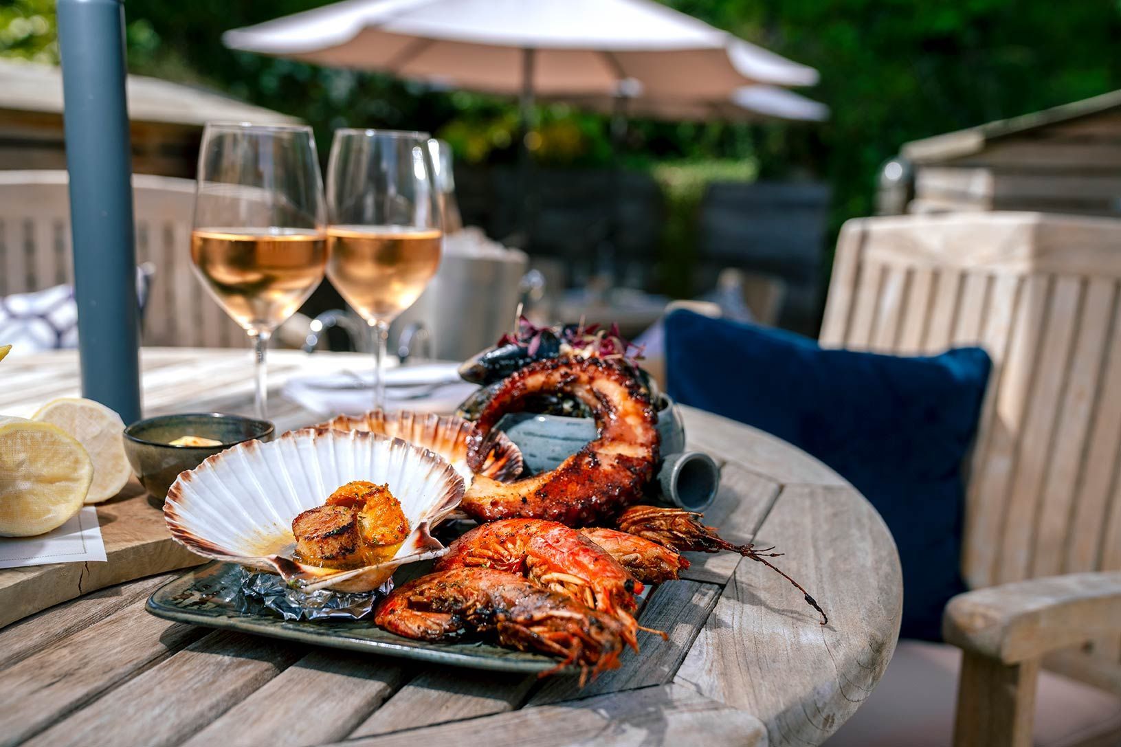 Prawns and crab dinner on table