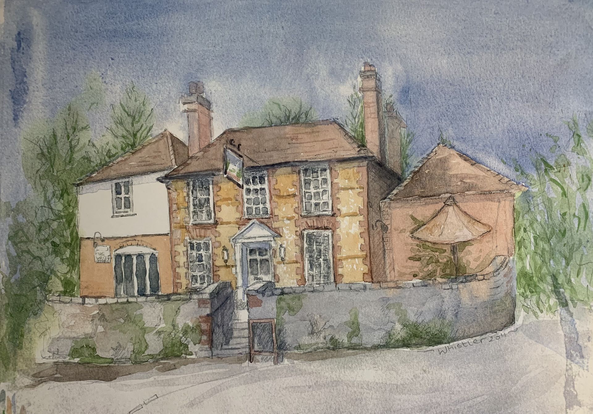 A watercolor painting of a house with a stone wall surrounding it.