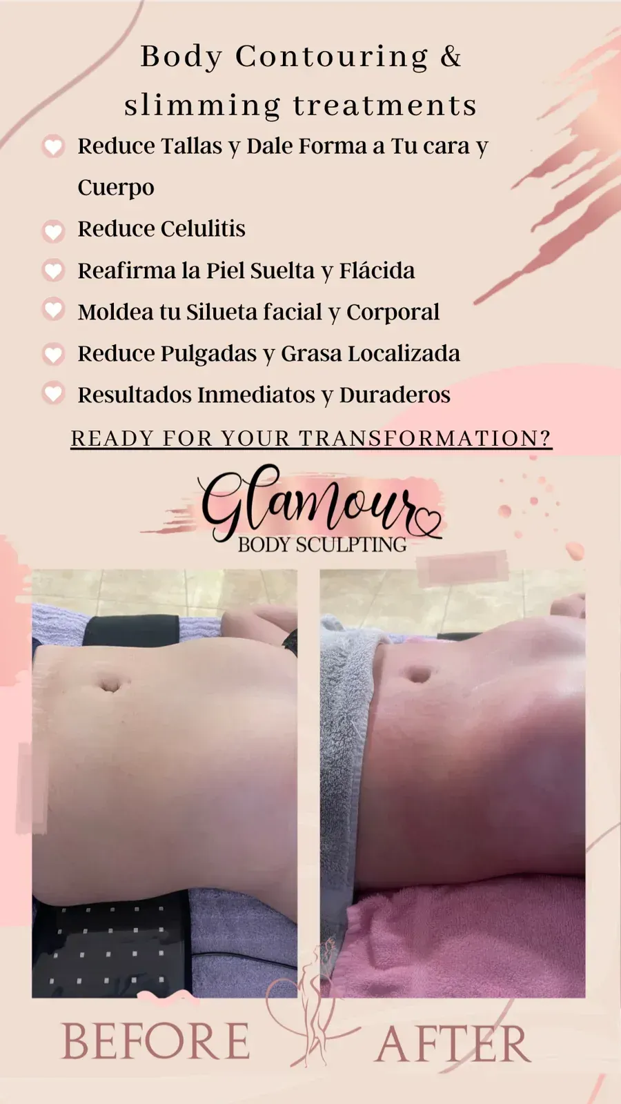 Body contouring ad. Before/after photos show a tummy transformation. Text lists slimming treatments.