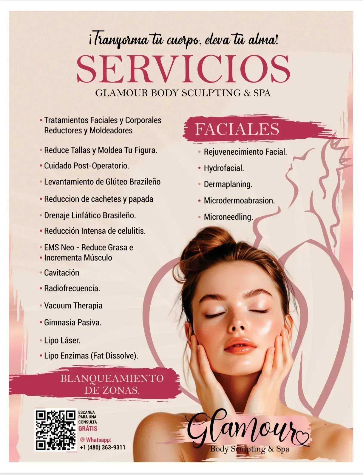 Advertisement for a beauty spa. Woman holding her face with her eyes closed, list of services, text in Spanish.